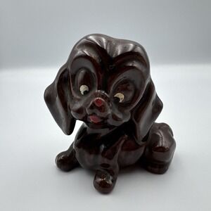 Vintage Redware Pottery Japan Dog Puppy Brown Figurine Red Nose Mid‎ Century